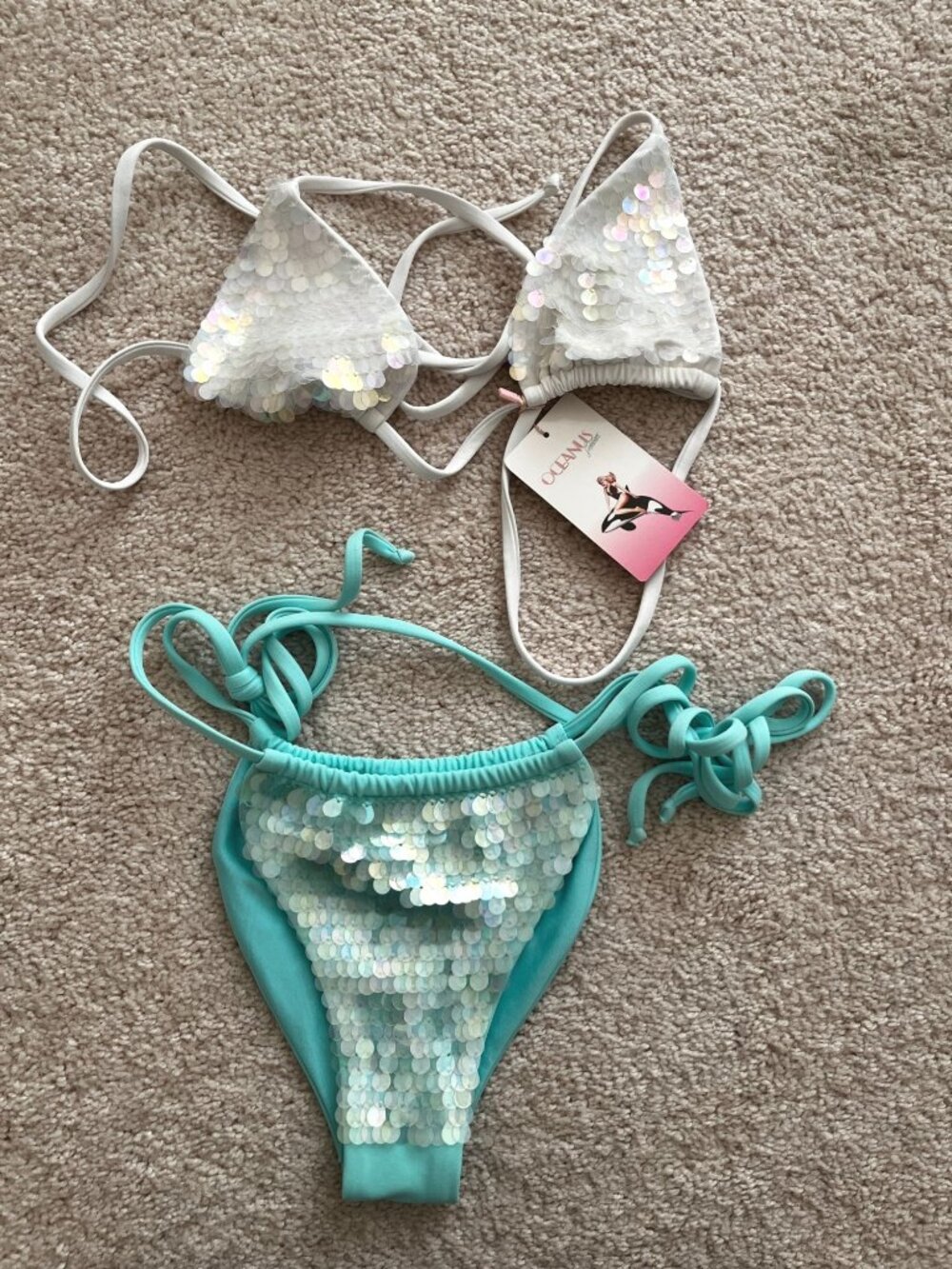 NWT Oceanus Swimwear Sequin Bikini White Top Aqua Bottom XS Mermaidcore SET